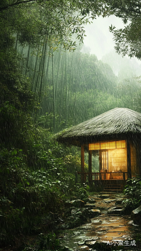 竹林小屋雨中茶时光的惬意与治愈