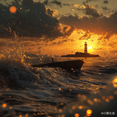 夕阳下的大海灯塔与小船的浪花
