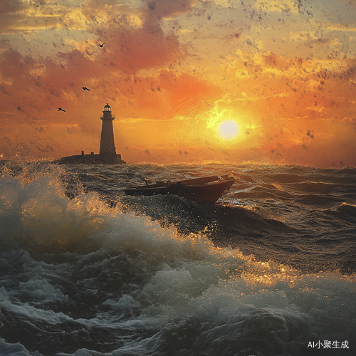 夕阳下的大海灯塔与小船的浪花