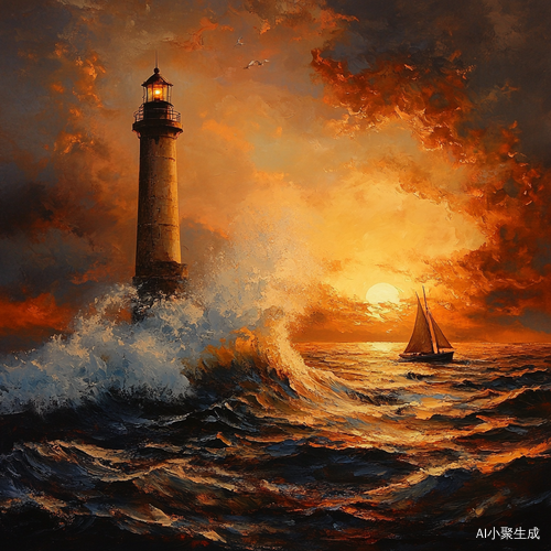 夕阳下的大海灯塔与小船的浪花