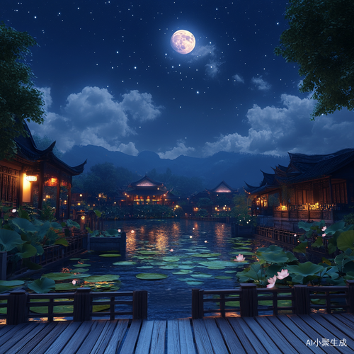 中国中秋节景象深蓝夜空与莲花溪流交相辉映