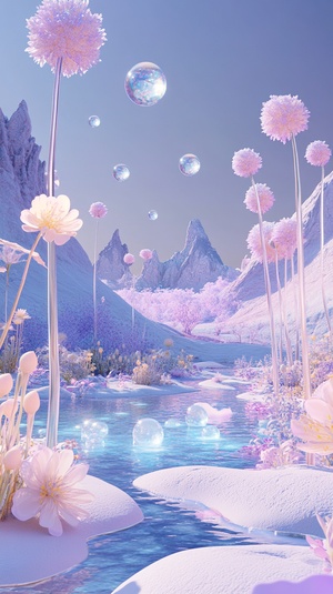 3D illustration of an ethereal fantasy world, with a pale purple and blue color palette,featuring floating islands in the sky, a serene lake with bubbles at its edge, flowers growing on ice,little fairies flying around, and whimsical creatures peeking out from behind clouds. In the foreground is a small garden filled with oversized petals, surrounded by soft pink grasses and wildflowers. The background features snow-covered mountains under a clear sky. This scene exudes tranquility and magic. The illustrati