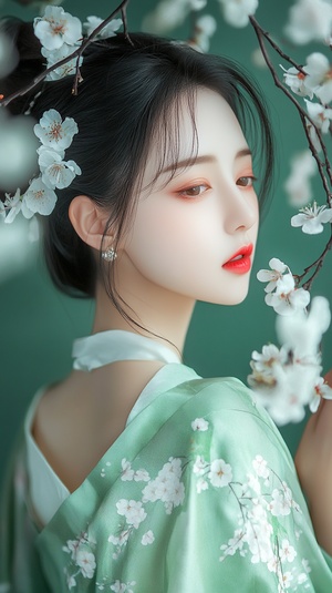 Beautiful woman in the style of Chinese art, wearing a green Hanfu with white flowers on the chest and shoulders, high ponytail hairstyle, red lips, exquisite facial features, beautiful face, perfect body shape, solid color background, anime art style, high-definition wallpaper, delicate lines, soft lighting, in elegant . ar 7:12