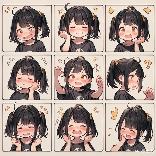 可爱的黑发小女孩多姿态表情系列