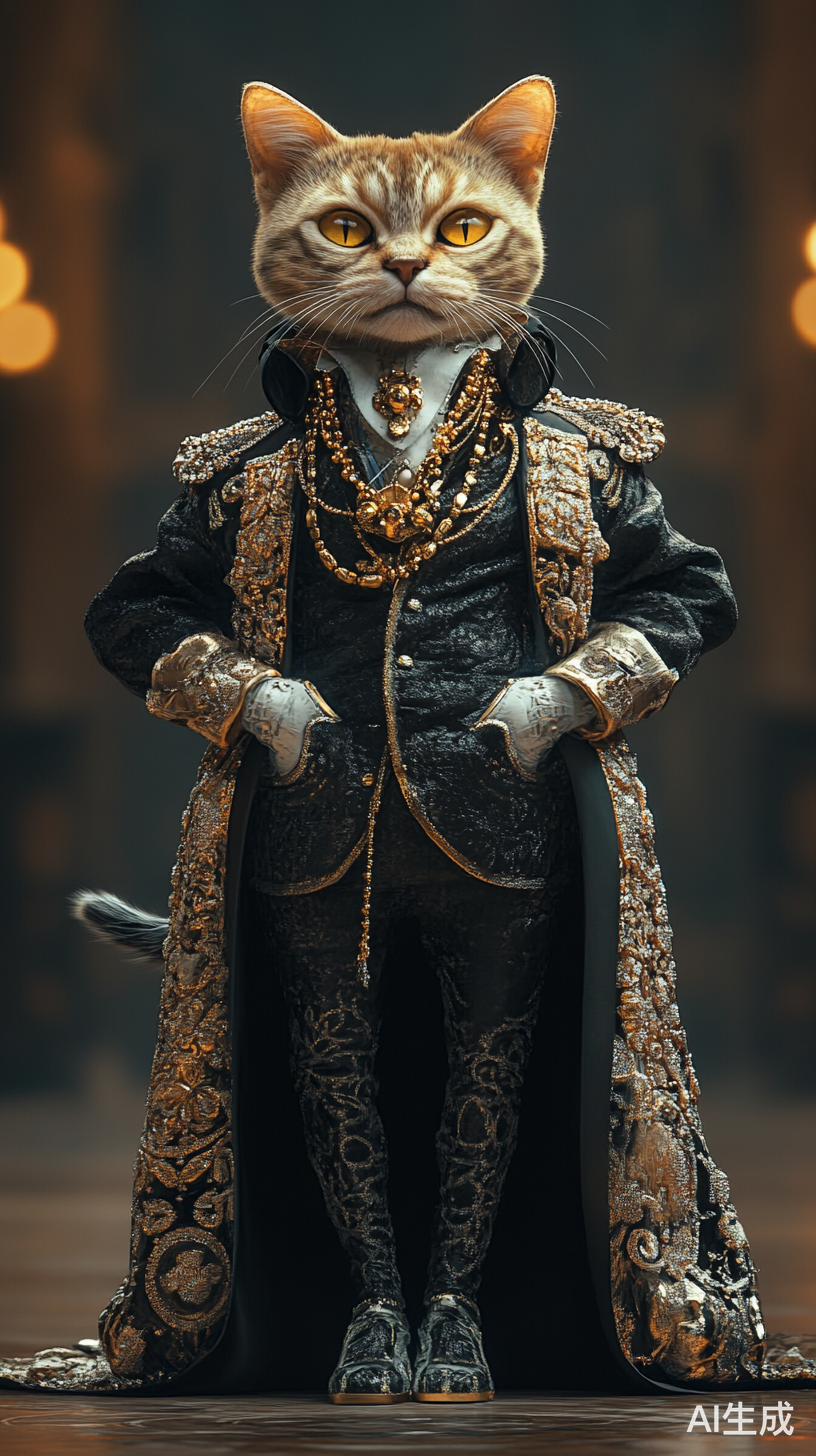 拟人猫高端时装秀鲜艳色彩豪华T台背景