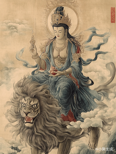 文殊菩萨骑狮子祥云缭绕的画面