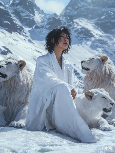 Asian Witch with Lions in Snowy Surrealism Scene