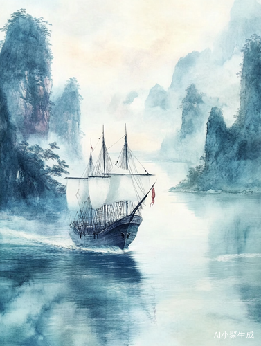 快船驶过江面两岸景色飞速后退