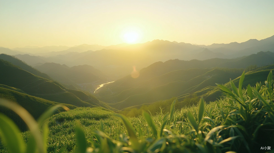 春天早晨阳光洒遍自然风光的全景