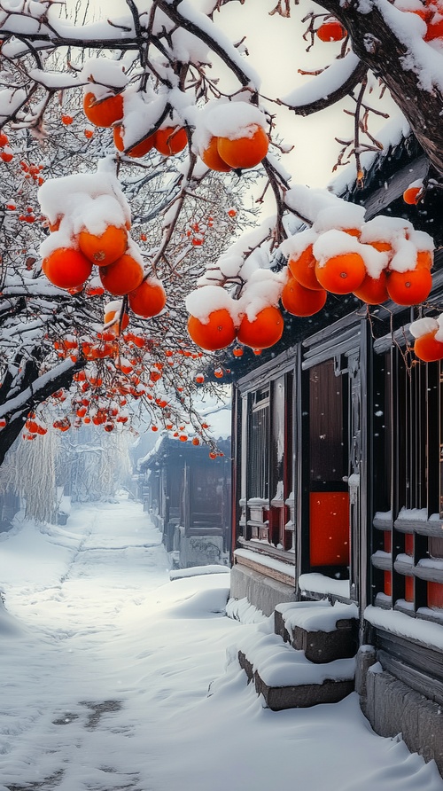 屋子，红红的柿子，大雪