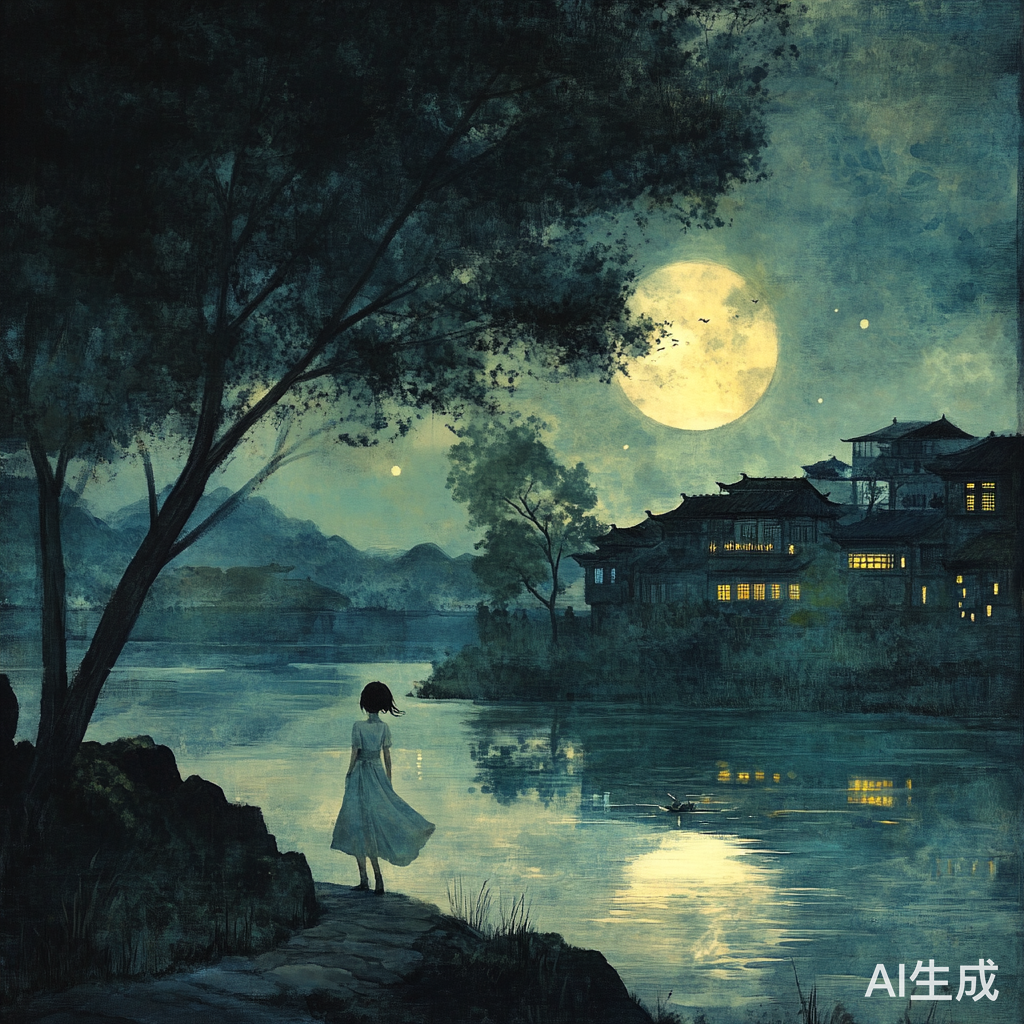 中国女孩夜晚湖边的忧郁思念