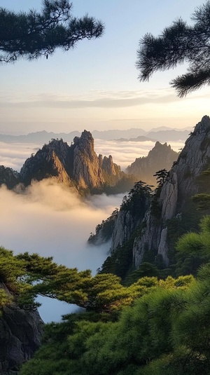 帮我生成一张图片：邂逅了一场人间仙境——黄山云海，青松翠柏、日出霞光万丈，仿佛置身于梦幻之中。那云海如波涛汹涌的大海，无边无际地蔓延开来。洁白的云朵似轻纱般飘动，时而涌起如山的巨浪，时而又幻化成温柔的涟漪。黄山在云海的映衬下，时而神秘莫测。每一处奇峰让人惊叹大自然的鬼斧神工。#黄山 #云海 #人间仙境