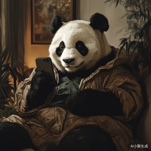 超写实拟人大熊猫穿衣看手机的幽默场景