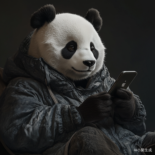 超写实拟人大熊猫穿衣看手机的幽默场景