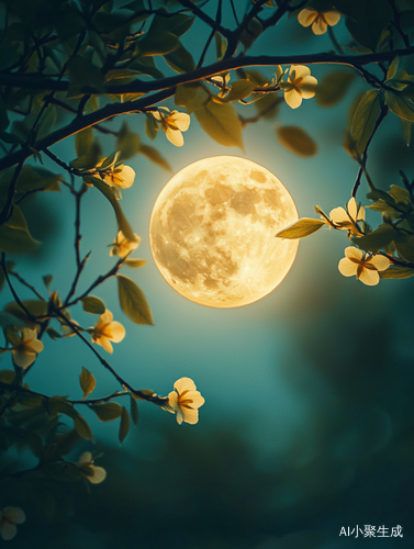 明亮满月照耀下的浪漫夜空与精致花朵