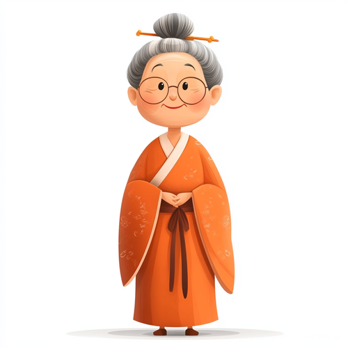 橙色汉服奶奶卡通插画夸张表情白色背景