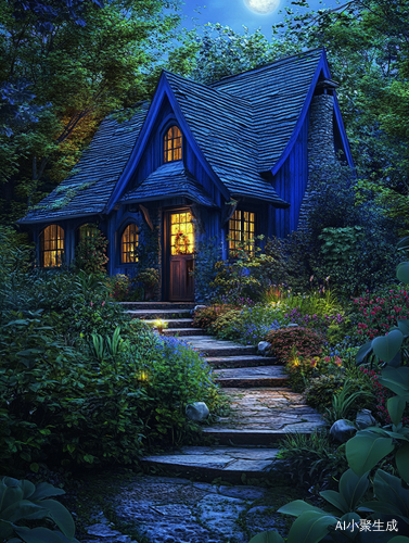 夜幕下的蓝色小屋与幸福花园的梦幻场景