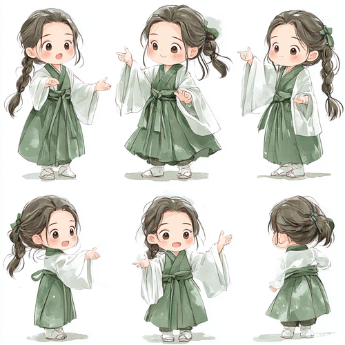 小女孩穿绿色汉服展示12种表情和动作