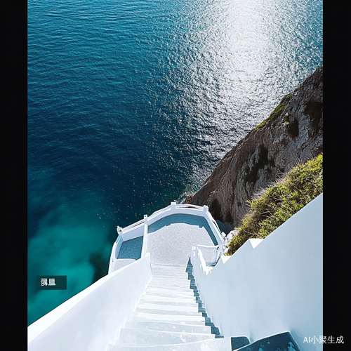 世界上最湛蓝的海水与漂亮白色楼梯的写实风格图