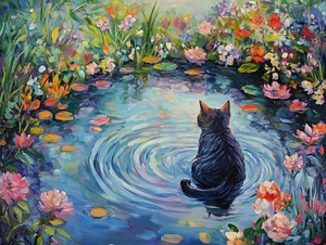 painting of a cat sitting in a pond of water surrounded by flowers, in a pond, gazing at the water, whimsical art, by Ni Tian, calm and contented painting, by Lennie Lee, by Annabel Kidston, by Alice Rahon, peaceful scene, by Yang J, a cat swimming in water, beautiful artwork, by Lucette Barker