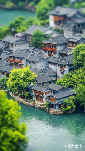 青砖灰瓦江南小镇与清澈小河的美丽风景