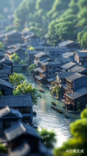 青砖灰瓦江南小镇与清澈小河的美丽风景