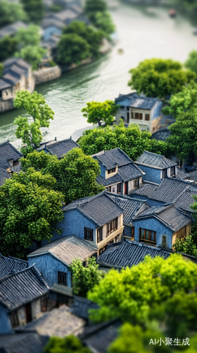 青砖灰瓦江南小镇与清澈小河的美丽风景