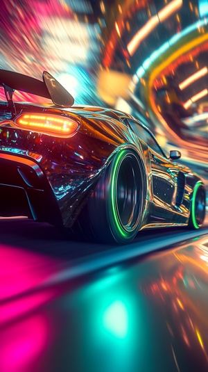 need for speed7的车型, 很酷的改装运动汽车,solo,官方艺术,极其详细的CG,轻渺, 车辆对焦,街景背景,正在过弯漂移,径向模糊,虚化背景,动人心魄的速度感, 车底下安装了绿色荧光灯,全息的光照风格，夜晚,车灯开启,浪漫幻想，现实主义幻想艺术，提升速度感,虚幻引擎5，超现实，超高清，高细节