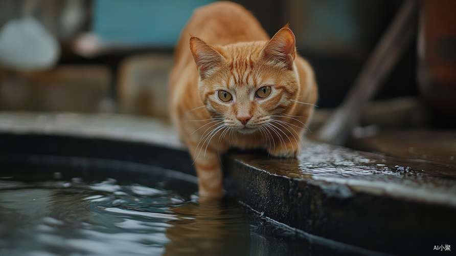 特写橘猫在水缸边凝视镜头