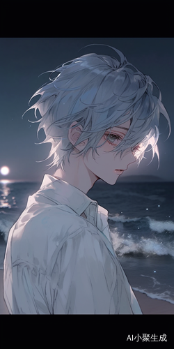 夜晚海风中的少年眉眼轻眨迷茫如画