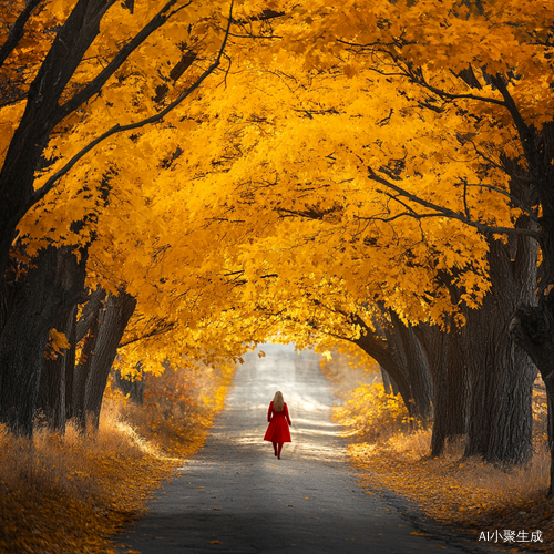 金色枫树旁红衣女子走在大路上
