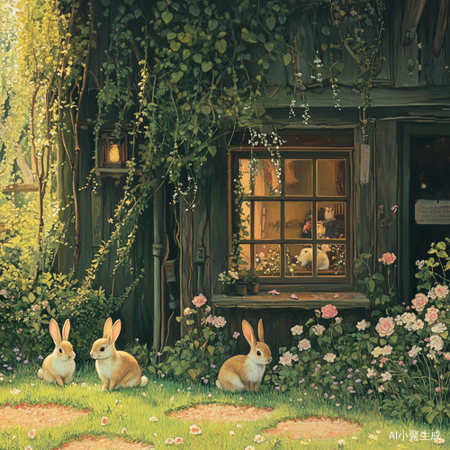 草坪上的小兔子和花园里的小屋子