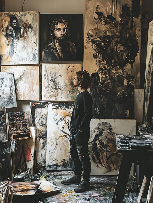 artist standing amidst a sea of unfinished artworks in a studio. The artist's expression should convey a mix of creative excitement and disappointment as they gaze at the incomplete paintings on the walls and unfinished projects on canvases. v 6.0