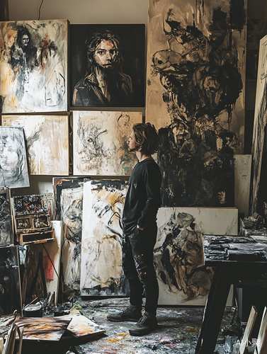 Artist in Studio Surrounded by Unfinished Artwork and Mixed Emotions