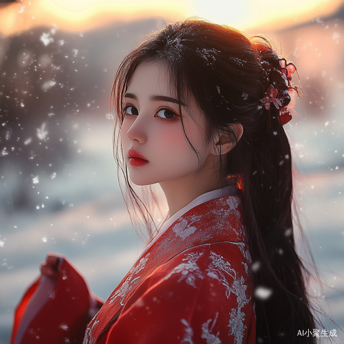 神明少女在雪山上看日出的极致画质