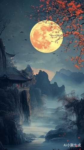 中秋节中国风格插画中的月亮与风景氛围