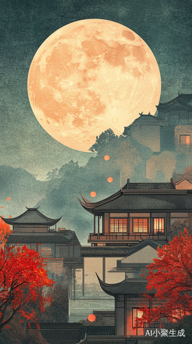 中秋节中国风格插画中的月亮与风景氛围