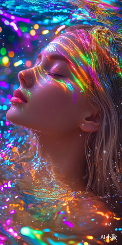 Surreal Dreamlike Portrait of a Blonde Girl Immersed in Rainbow Water