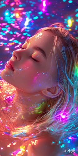 Surreal Dreamlike Portrait of a Blonde Girl Immersed in Rainbow Water