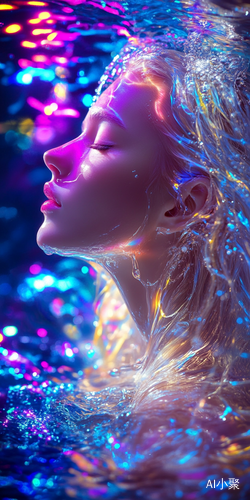 Surreal Dreamlike Portrait of a Blonde Girl Immersed in Rainbow Water