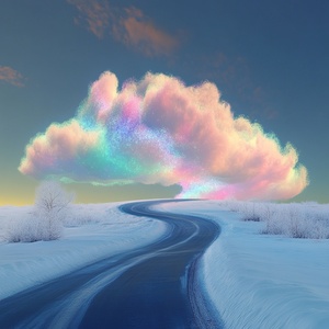 a dreamy colorful cloud appears in front of a curved snowy road, the colorful auspicious cloud is characterized by soft and delicate, fluffy cotton candy-like colorful auspicious clouds, swirling, in the style of surrealist water, todd macfarlane, surrealist humor, canon 7, bulbs, capturing the essence of nature, colorful animated stills v 6.0极速 ar 9:16