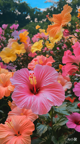 盛夏木芙蓉花绽放如彩云梦幻花海