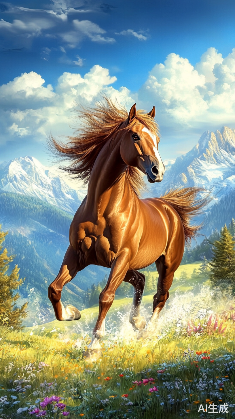 阳光下奔腾的美丽马匹与和谐自然景观