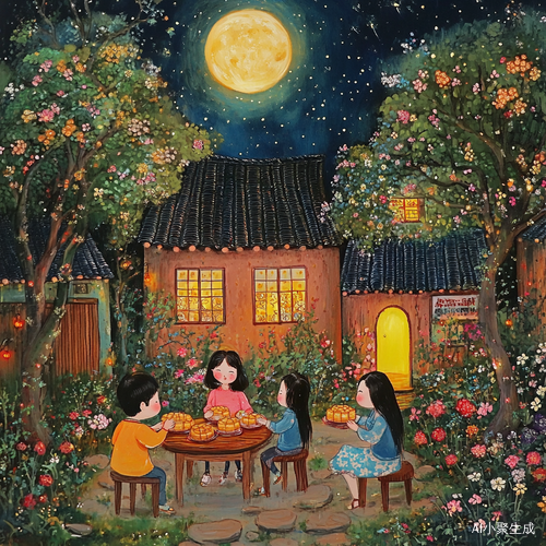 五口之家院子里赏月吃月饼的温馨夜晚