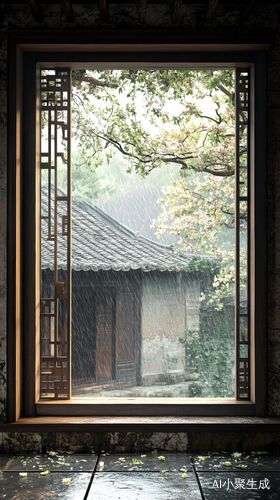 古典窗外雨后景致自然光下的清晨美景