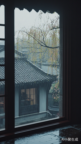古典窗外雨后景致自然光下的清晨美景