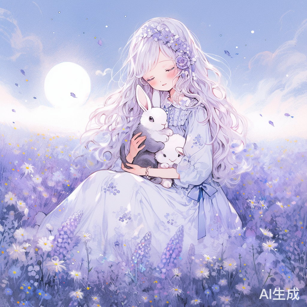 紫发小女孩贝贝与梦幻花园中的可爱兔子