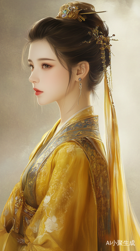 古装美女侧背影插簪嫩黄长裙的艺术插图