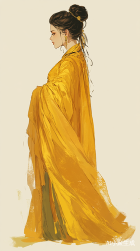 古装美女侧背影插簪嫩黄长裙的艺术插图