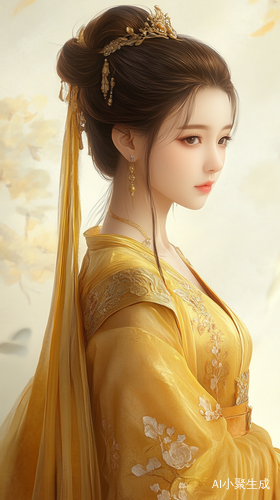 古装美女侧背影插簪嫩黄长裙的艺术插图